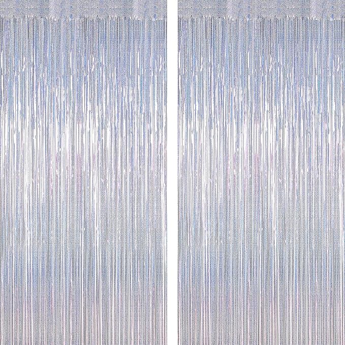 2 Pack Silver Metallic Tinsel Foil Curtains, 3.28 FT x 7.05 FT Glitter Silver Fringe Curtains, New Year Door Streamer Tinsel Backdrop Photo Booth for NYE Party Birthday Engagement Party Decorations