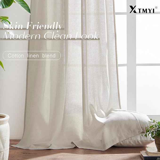 XTMYI Oatmeal Beige Back Tab/Hook Belt Linen Cotton Sheer Curtains 63 Inch Length for Bedroom Living Room