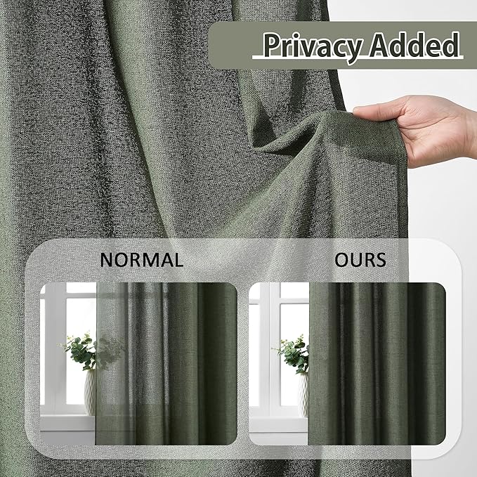 RAIN CITY 100 Inch Pinch Pleated Curtains 2 Panels Set Custom Length Olive Green, Semi Sheer Living Room Curtain Back Tab with Hooks, Privacy Back Tab Linen Window Drapes for Bedroom