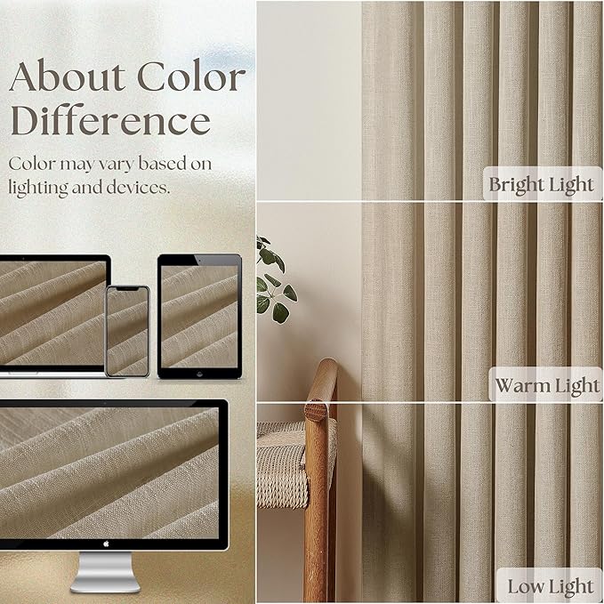 Neutral Pinch Pleated 96 Inch Curtains 2 Panels Set for Windows Flax Linen Textured Drapes Pinch Pleat Back Tab Privacy Light Filtering Greige Curtain Drape with Hooks Rings for Living Room Bedroom