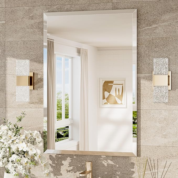 TokeShimi 24x36 Beveled Wall Mirror Decorative, Bathroom Vanity Mirrored with 1" Beveled Edge, Shatterproof Modern Frameless Mirror Bathroom Rectangle for Living Room, Entryway, Restroom