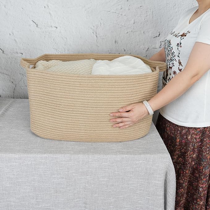 Large Rectangle Blankets Basket Living Room 22"x17"x12" Woven Jute Rope Storage Baskets for Nursery Toy Baskets for Kids and Dogs Wicker Laundry Basket Bin for Clothes Towels