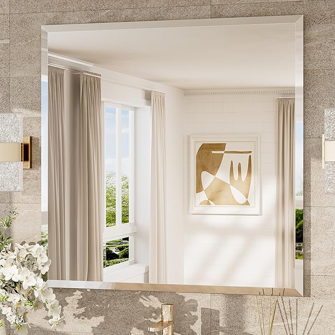 TokeShimi 36x36 Beveled Mirror Frameless Tempered, Rectangle Bathroom Mirror with 1" Beveled Edge, Shatterproof Bathroom Vanity Mirrored Wall Mounted for Living Room, Entryway, Restroom