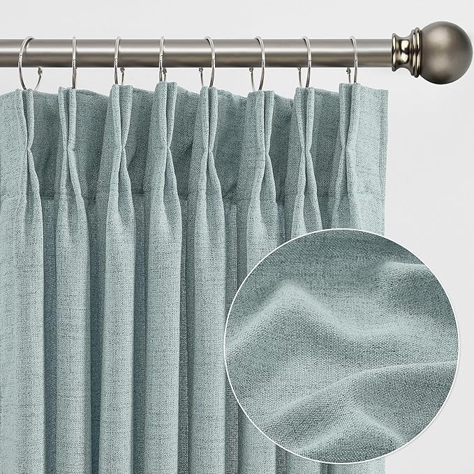 Light Blue Linen Pinch Pleat Curtains 84 Inches Long Pleated Semi Sheer Textured Drapes Hooks Back Tab Coastal Modern Light Filtering Curtain 2 Panels for Living Room Bedroom Office 42x84