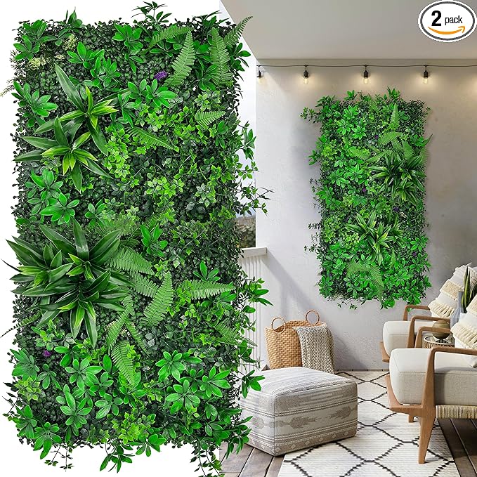 Artificial Greenery Wall Panels: 20"x 20" 2P UV-Anti Faux Green Grass Wall Privacy Backdrop Fence Screen for Garden Fence Covering Privacy, Outdoor Indoor Home Decor