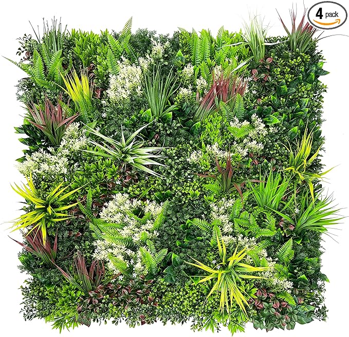 Artificial Plant Wall Panels: 20"×20" 4P UV-Anti Faux Grass Wall Backdrop Boxwood Ivy Fence Privacy Screen Fake Greenery Leaf Hedge for Outdoor,Indoor,Garden,Backyard and Home Decor